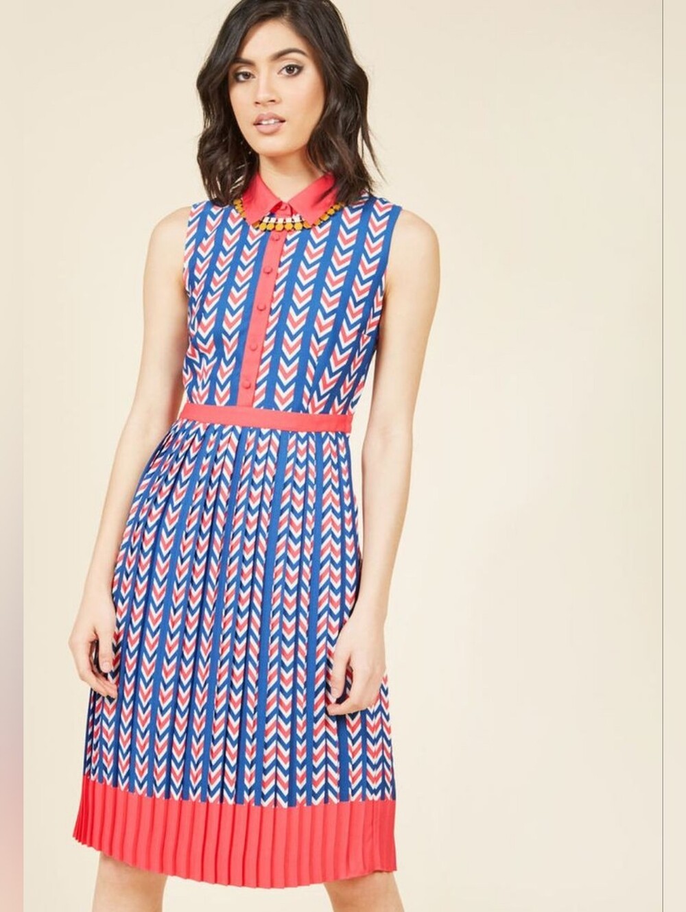 Modcloth Size M Navy, Pink & White Chevron Button-Up Dress